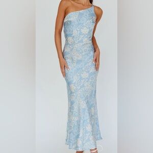 Emory Park Light Blue and Cream Paisley One Shoulder Slip Dress Size Large